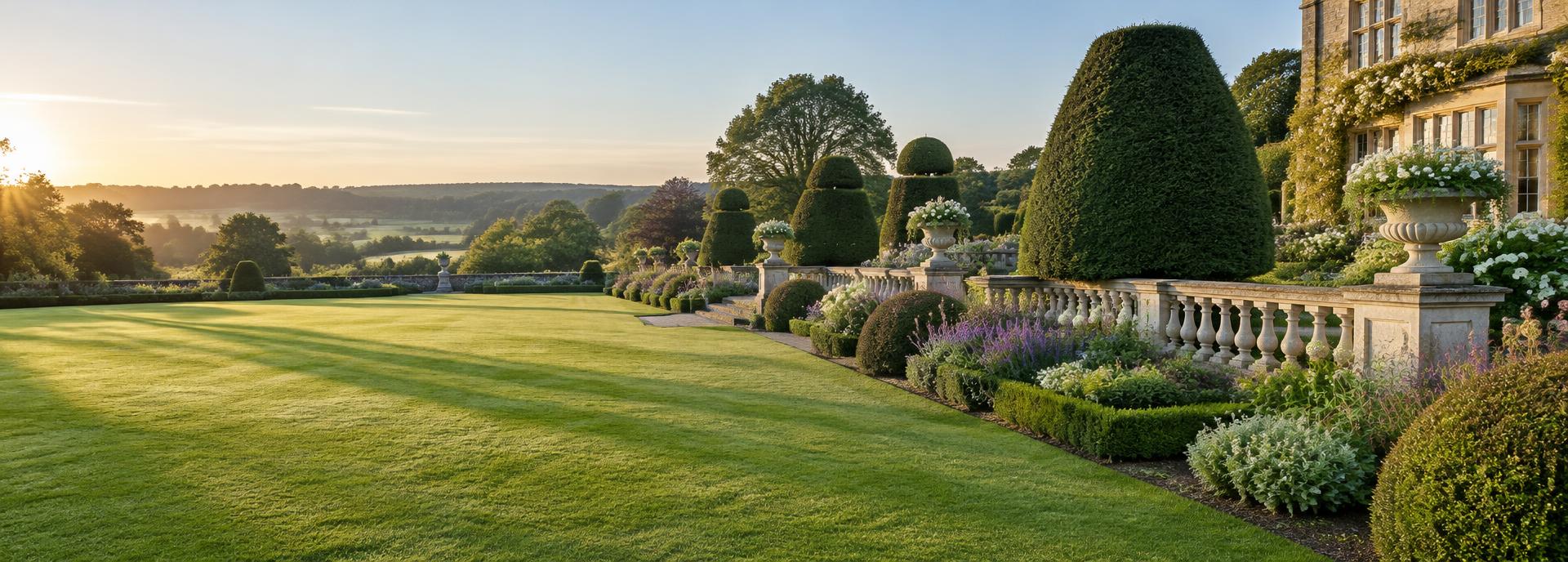 Illustrative English garden with a beautifully maintained lawn, topiary and planted borders