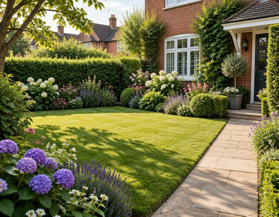 Illustrative English home garden with a cared-for lawn and planted borders